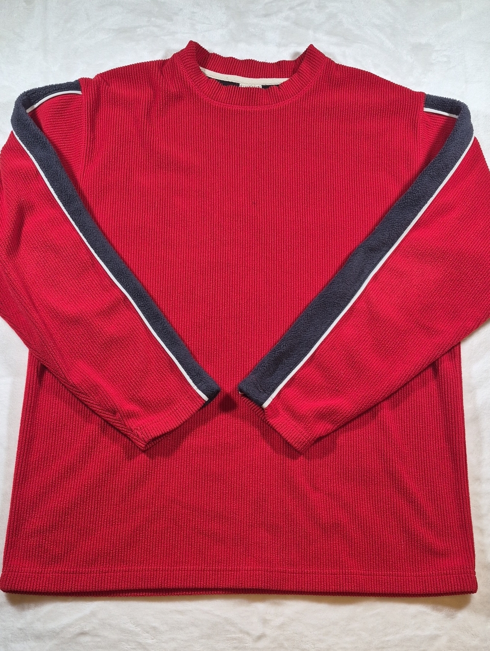 Men's Red Crewneck Sweater with Navy Contrast Stripes